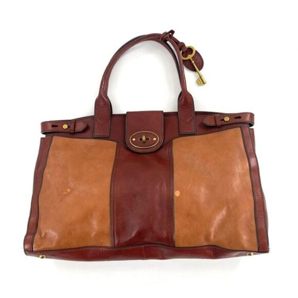 Fossil Vintage Revival Satchel Brown Two Toned Leather Satchel Handbag‎ Purse